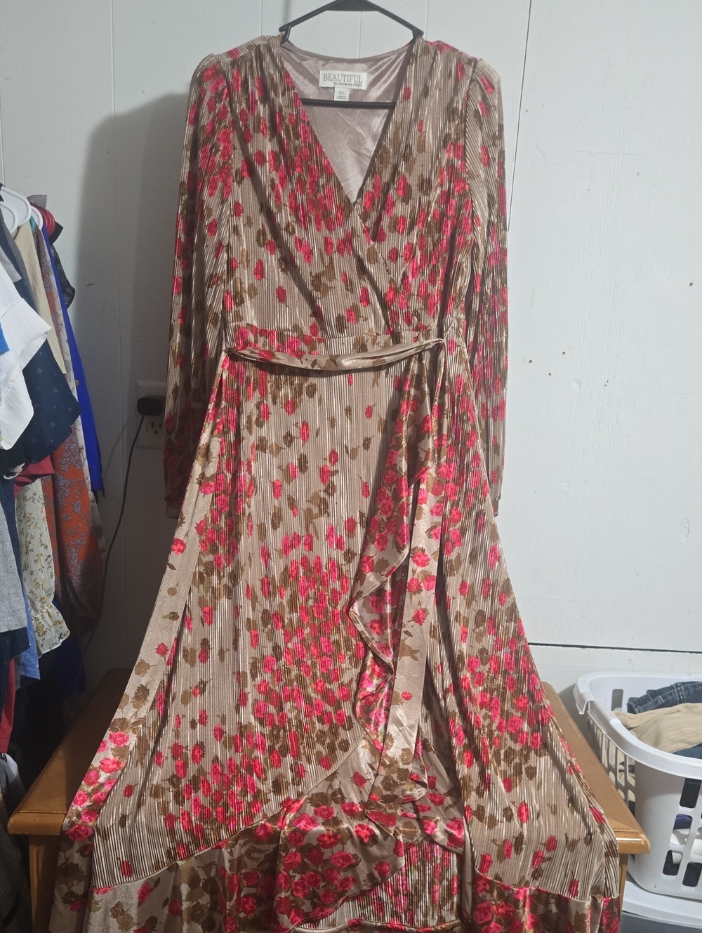 Floral Wrap Maxi Dress in Pink and Brown Special Occasion
